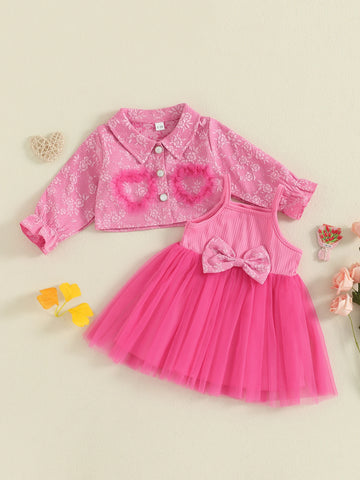 MQTIME  -  Toddler Girl Autumn Ensemble Quilted Long Sleeve Jacket paired with Tulle Patchwork Cami Dress for a Stylish Look